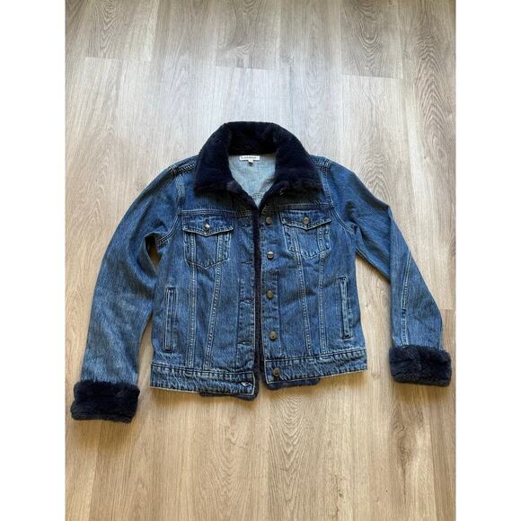 Good American Button Front The Fur Lined Blue Denim Jacket, women's size 1, NWOT - Picture 1 of 9
